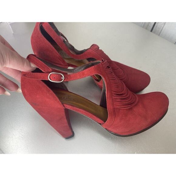 COCLICO Deep Red Suede Heels Sandals Peep Toe Slingback EU 40 US 9-9.5 - Picture 5 of 8
